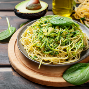Vegan Spaghetti with Avocado and Spinach Sauce