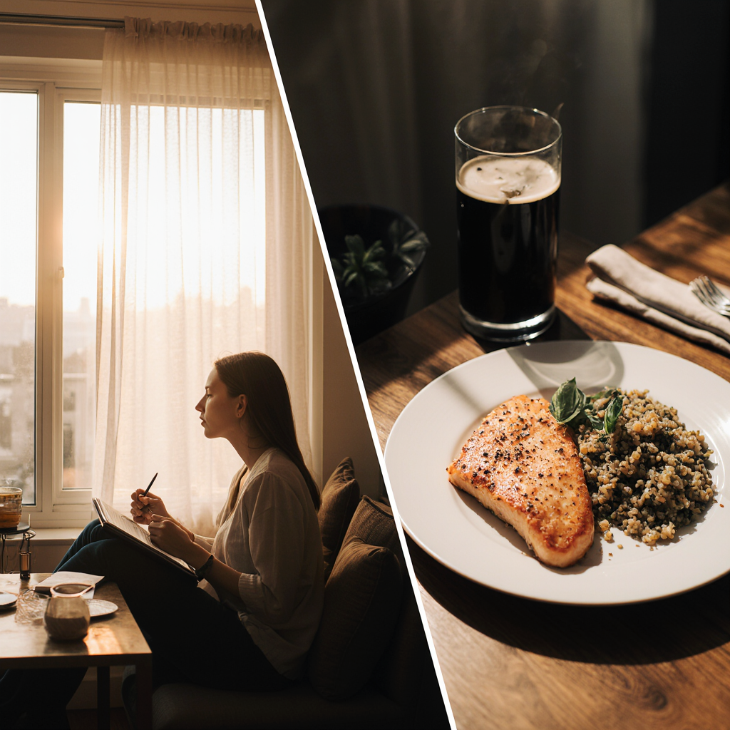 Two lifestyle scenes showing the fasting morning routine and a balanced evening meal, illustrating intermittent fasting phases in everyday life.